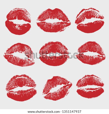 Print of red lips set. World kiss day, Valentine's day design elements. Vector illustration of womans girl red lipstick kiss mark isolated on white background.