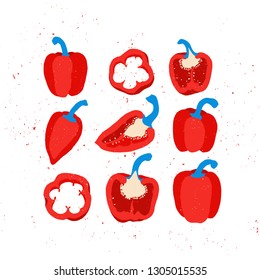 Print with red peppers. Linocut style illustration with vegetables. Colorful pattern. Vegan Background.