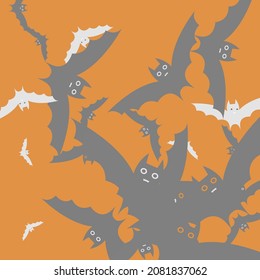 Print Retro Scary Motion Flying Bats Art Pattern. Chaos Black Creepy Attack Halloween Modern Design. Spooky Silver Light Funny Modern Style Simple Art. Orange White Grey Bats Vector Background.