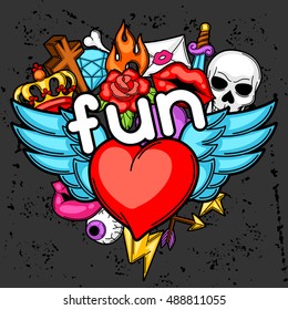 Print with retro tattoo symbols. Cartoon old school illustration.