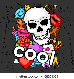 Print with retro tattoo symbols. Cartoon old school illustration.