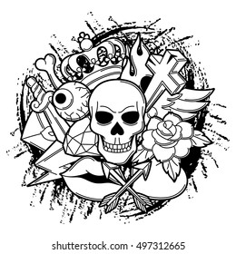 Print with retro tattoo symbols. Cartoon old school illustration.