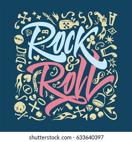 Print for a rock and roll t-shirt on a closely blue background.