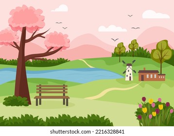 Print with rural landscape in springtime. House and mill, flowering trees and bushes, bench and lake. Vector drawing. For print and posters, packaging and covers, brochures, social media and web pages