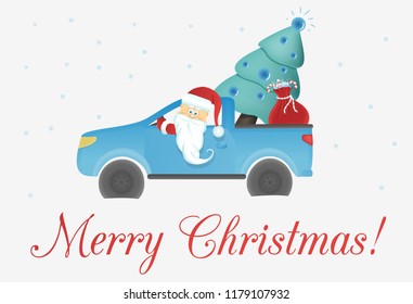 Print santa claus in the car with a Christmas tree and gifts