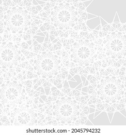 Imprimir imagen satánica de diseño de calm frío de color plateado afilado. Papel de fondo gris monocromo misterioso ornamental caótico Mandala blanco invierno. Folk Pastel Complicado Lujo Suave Ice Stars Lace Ornament.