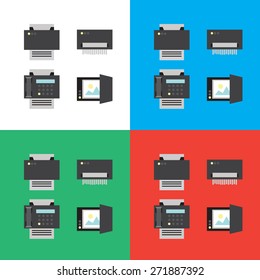 Print, scanner, fax and shredder flat icons or illustrations in vector, eps