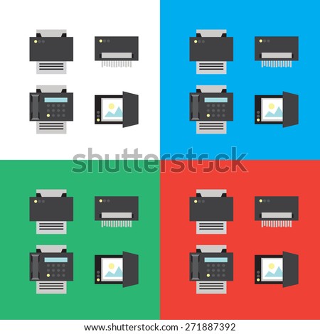 Print, scanner, fax and shredder flat icons or illustrations in vector, eps