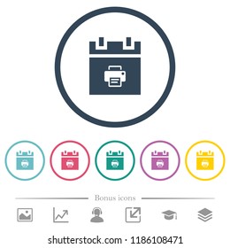 Print schedule item flat color icons in round outlines. 6 bonus icons included.