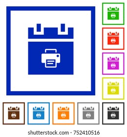 Print schedule item flat color icons in square frames on white background