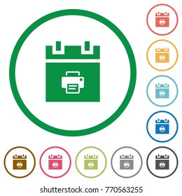 Print schedule item flat color icons in round outlines on white background