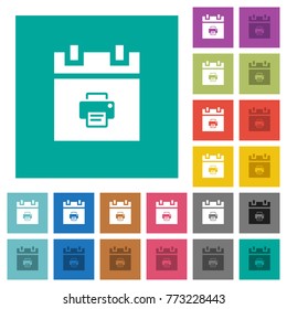 Print schedule item multi colored flat icons on plain square backgrounds. Included white and darker icon variations for hover or active effects.