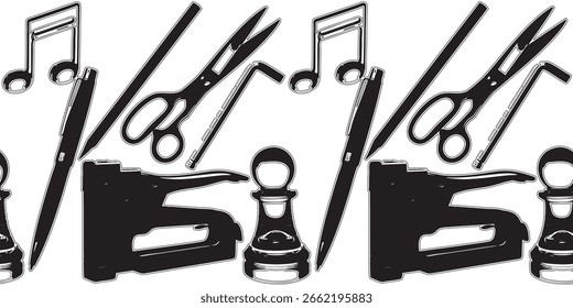 Imprima tesouras, canetas, grampeadores, peões de xadrez e notas musicais repetem em um layout divertido, misturando ferramentas de escritório com símbolos criativos em um padrão peculiar e imaginativo.
