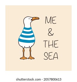 Print with seagulls: Me and the sea. Hand drawn graphic for poster, card, label, flyer, page, banner, baby wear, nursery. Vector illustration