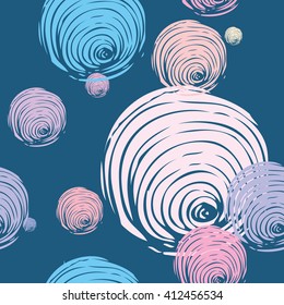 Print. Seamless background - swirls, stylized balls on a dark background.