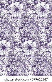 print, seamless floral pattern, purple bouquet outline on a white background, vector illustration