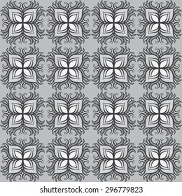 Print Seamless monochrome Pattern. Mandala Flowers with grey background.