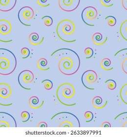 Print Seamless pastel swirl pattern on light lavender background with colorful spiral doodles for kids’ textiles and party decor