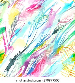 print/ seamless pattern with abstract background of multicolored lines/ plumage/ watercolor sketch/ vector illustration