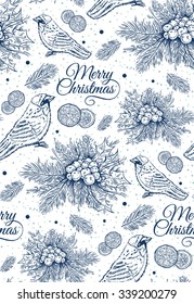 print, seamless pattern with blue Christmas tree, ilex, citrus, bird, sprig of holly with berries on a white background, spruce, vector illustration