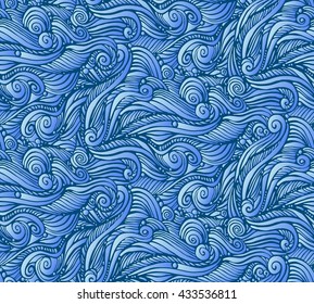 print, seamless pattern of blue curls, cloud, waves, vector illustration
