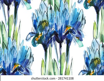 print/ seamless pattern with bouquet of blue irises on a white background, watercolor sketch/ watercolor sketch/ vector illustration