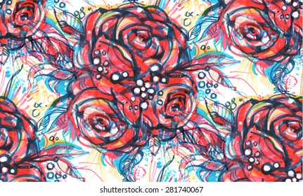 print/ seamless pattern with bouquet from three pink roses on a white background/ sketch markers/ vector illustration