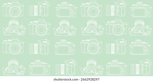 Print Seamless pattern of cameras in varied angles—front, back, top, and side—neatly arranged on a light green background, highlighting design diversity and structure.
