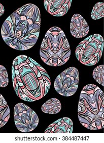 print, seamless pattern of color easter eggs, graphic drawing, coloring, vector illustration