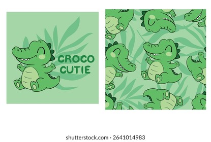 Print and Seamless pattern with cute cartoon crocodiles, vector illustration for kids, Hand drawn