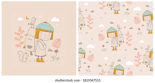 Print  and seamless pattern  with cute little girl in forest. Hand drawn vector illustration. Can be used for t-shirt print, kids wear fashion design.