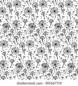 print, seamless pattern of dandelion fluff. Vector background. Monochrome ornament.