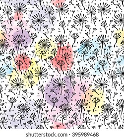 print, seamless pattern of dandelion fluff with multicolored watercolor stains on a white background. Vector illustration.