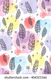 print, seamless pattern with feather, watercolor spots on a white background. Vector illustration
