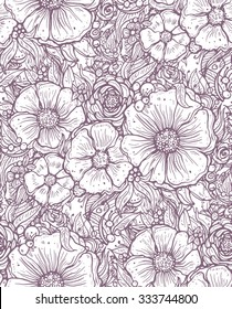 print, seamless pattern with flowers, lilac graphic bouquet, floral pattern outline, vector illustration