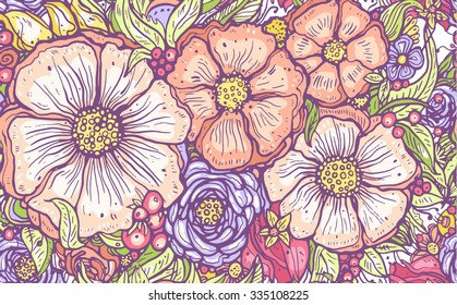 print, seamless pattern with flowers, lilac graphic bouquet, floral pattern outline, vector illustration