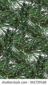 print, seamless pattern  with fur-tree branch, snowflakes on a white background, vector illustration