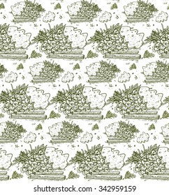 print, seamless pattern  with fur-tree branch, cranberry, cinnamon, Gingerbread, snowflakes on a white background, vector illustration