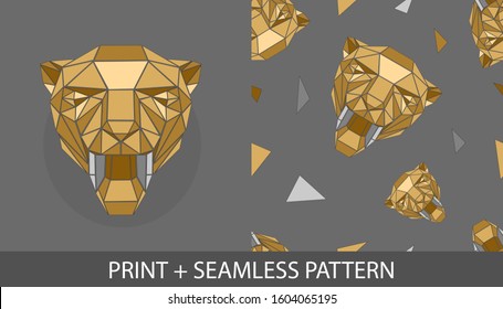 print and seamless pattern, gold geometric symmetrical lioness of triangles on a gray background.