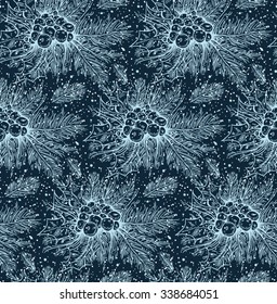 print, seamless pattern with light blue Christmas tree, sprig of holly with berries on a indigo background, spruce, vector illustration