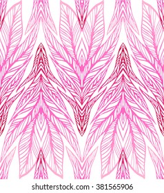 print seamless pattern of lines, feathers, leaves, pink geometric pattern, vector illustration