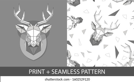 print and seamless pattern in one vector illustration. Geometrical head of deer made of the triangle shapes.