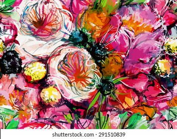 print/ seamless pattern with pink bouquet of flowers with two white buttercups / peony/ chamomile/ rose/ watercolor painting/ vector illustration