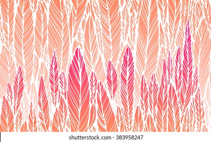 print, seamless pattern of  pink leaves, grass, feathers, vector illustration
