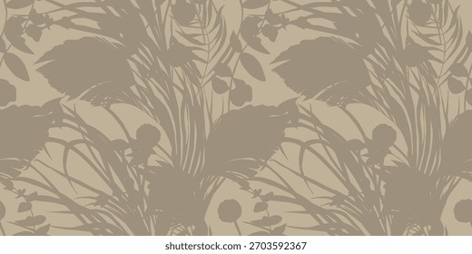 Print Seamless pattern with plant silhouettes and herbs on beige for textiles. Vector illustration
