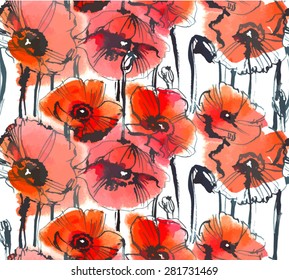 print/ seamless pattern with red poppies on white background watercolor painting/ watercolor painting/ vector illustration