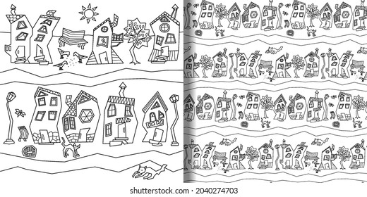 Print and seamless pattern set with abstract fantasy town street