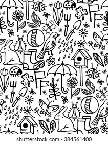 print, seamless pattern, set of black icons and symbols on a white background, spring, summer, vector illustration