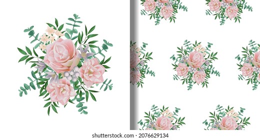 Print and seamless pattern set with flowers and greenery
