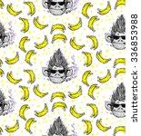 print, seamless pattern with smoking monkey face with glasses, banana, a symbol 2016, vector illustration